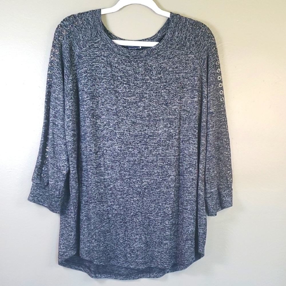 Architect Womens Gray Mix Top W/ Round Studs On 3/4 Length Sleeves. Size 1X